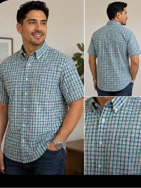 Men’s Medium Croft & Barrow Green and Blue Plaid Short-Sleeve Button-Down Shirt
